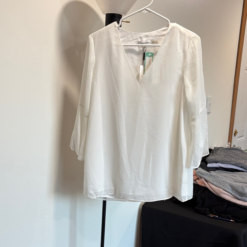 Calvin Klein White V-Neck Blouse